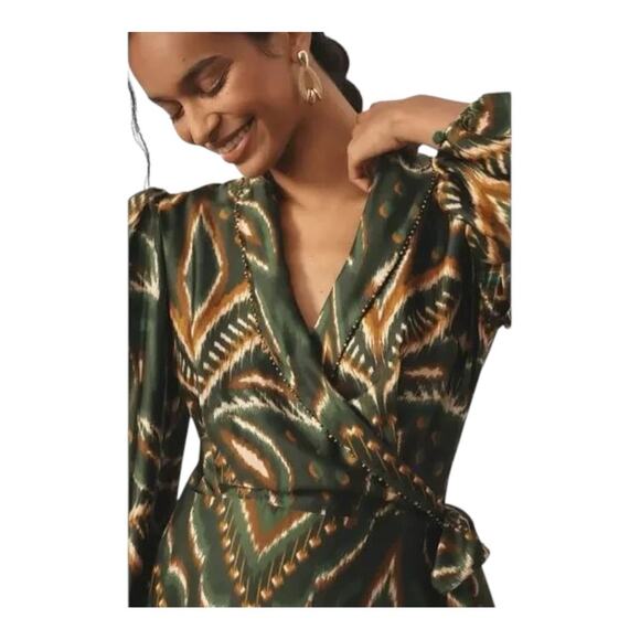 Farm Rio Pineapple Ikat Asymmetric Hem Wrap Dress Beaded Small - Picture 12 of 14